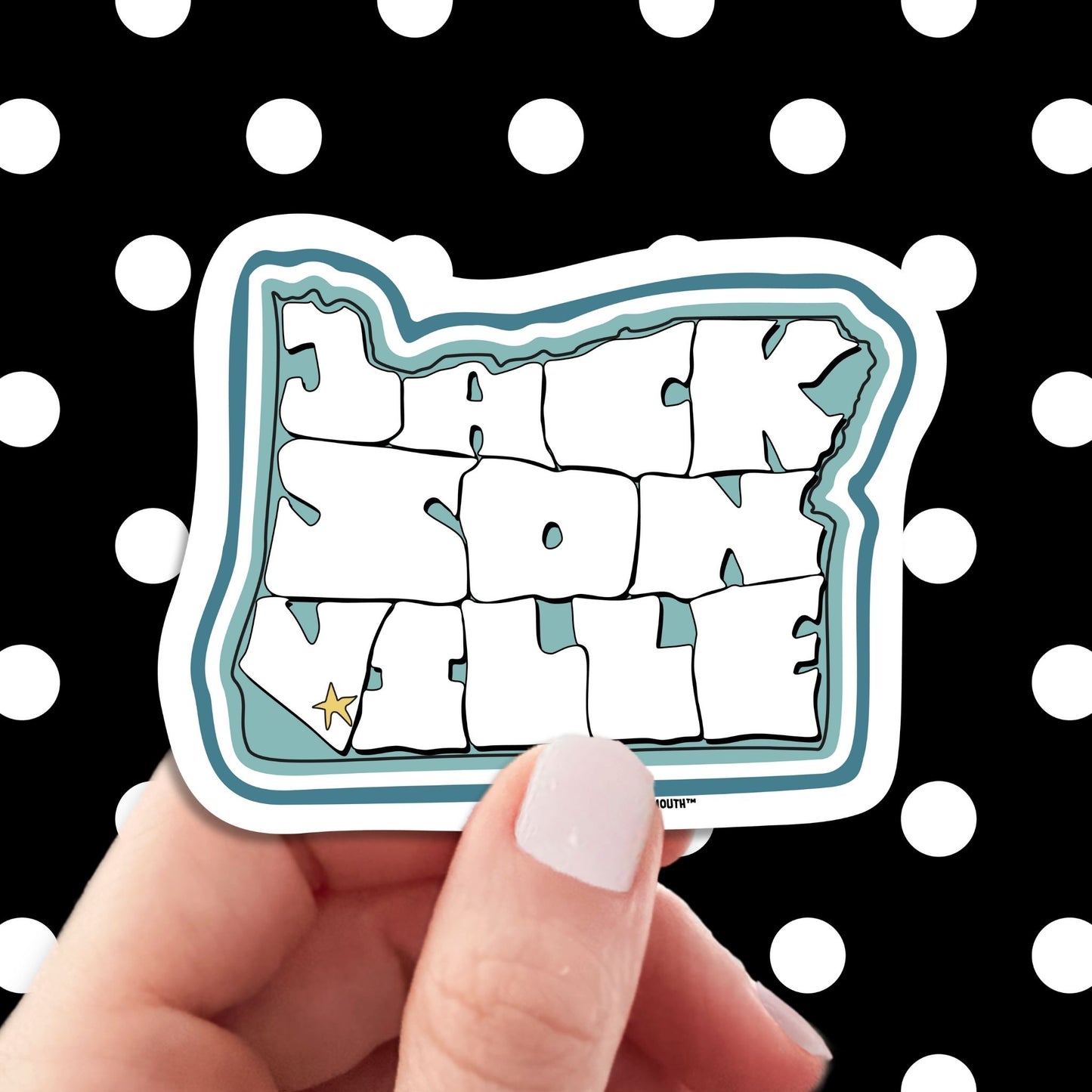 Jacksonville oregon travel luggage sticker, hand display, polka dots pattern design background