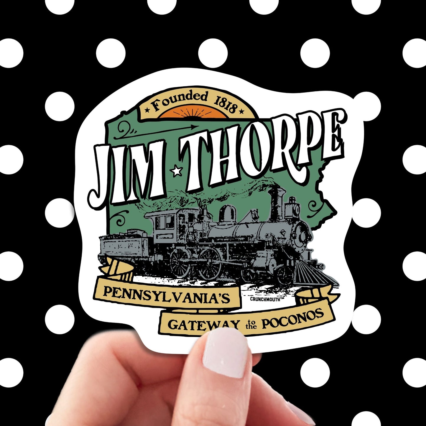 jim thorpe travel luggage sticker, hand display, polka dots pattern design background