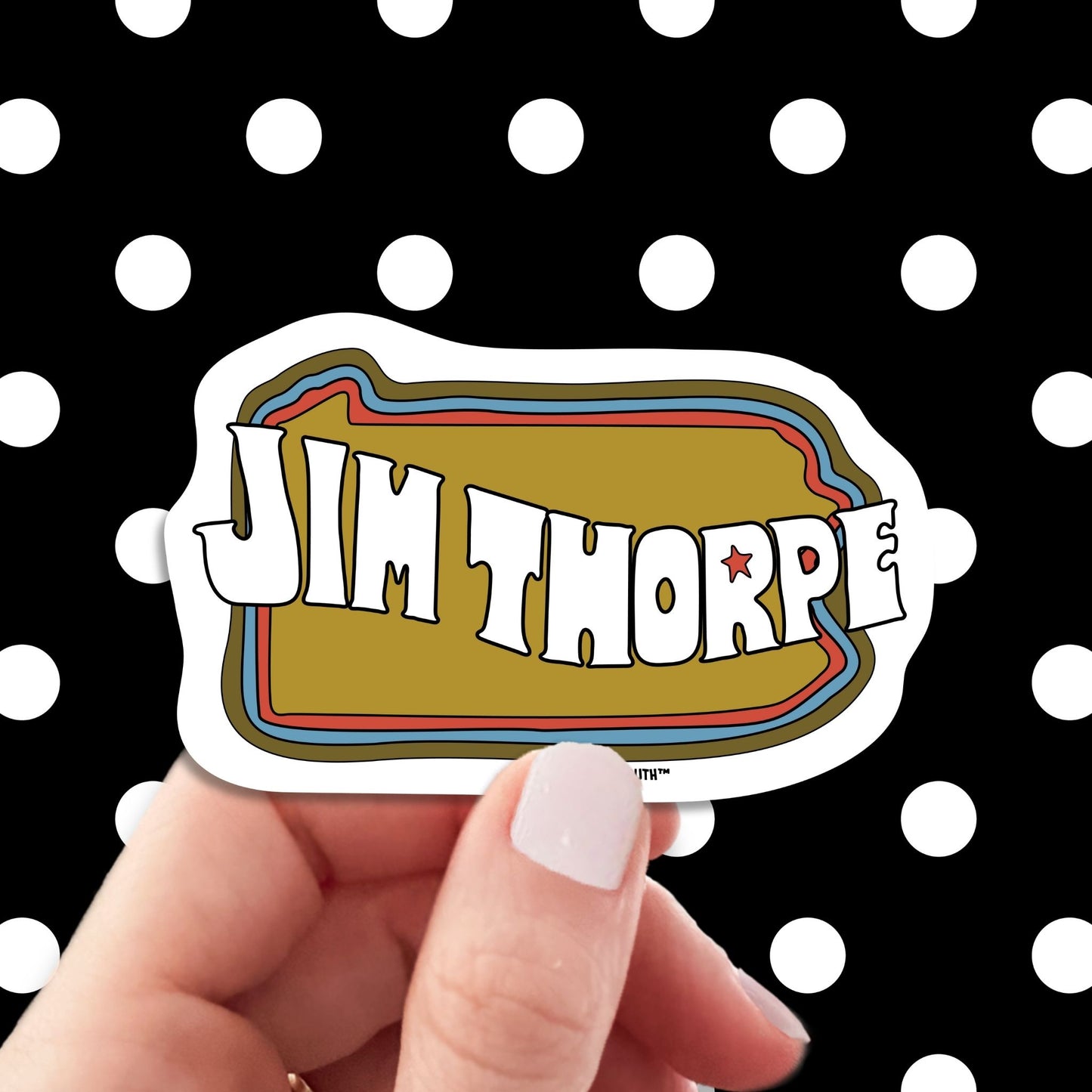 jim thorpe laptop sticker, hand display, polka dots pattern design background