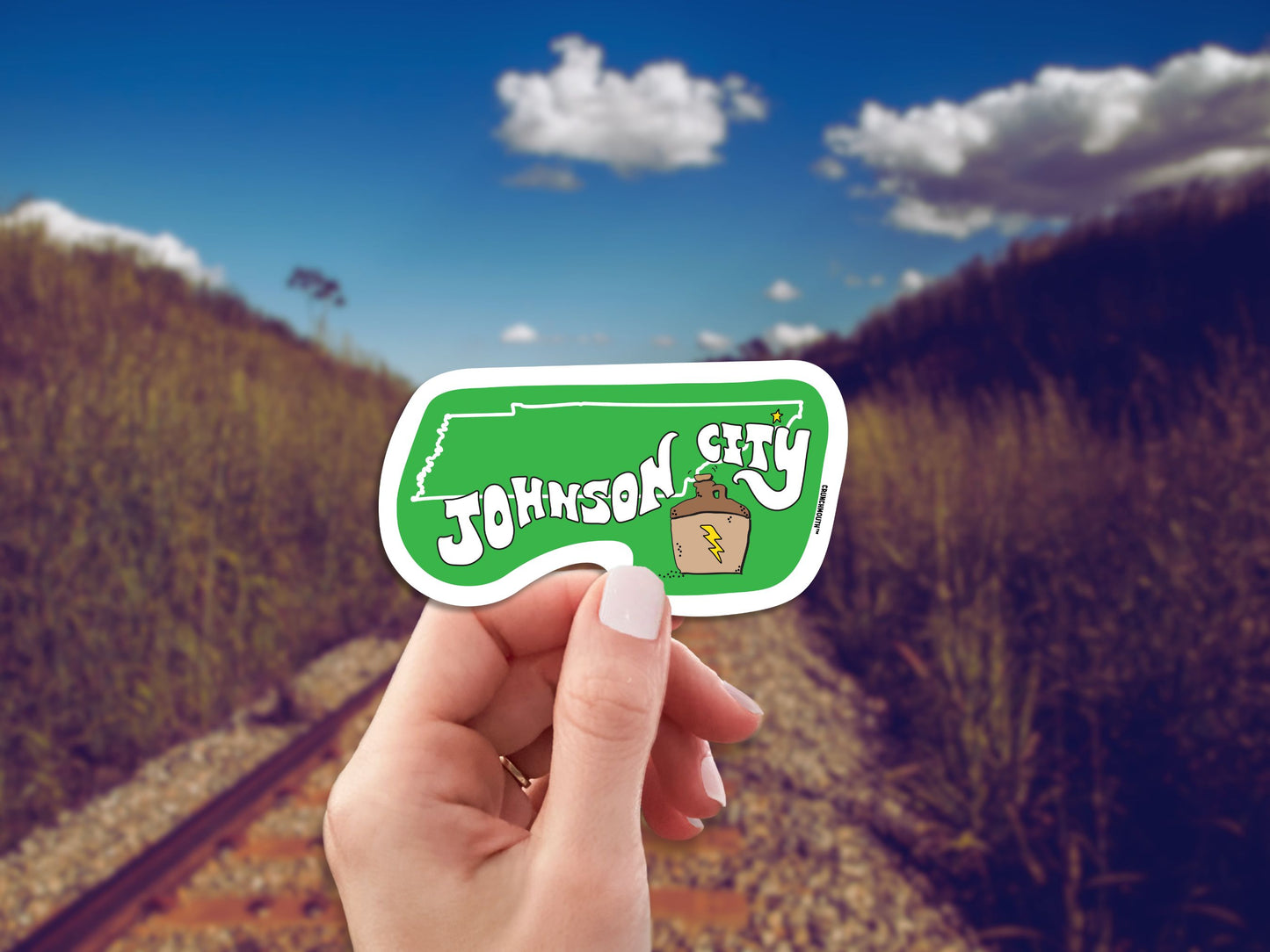 johnson city tennessee travel luggage sticker, train tracks background
