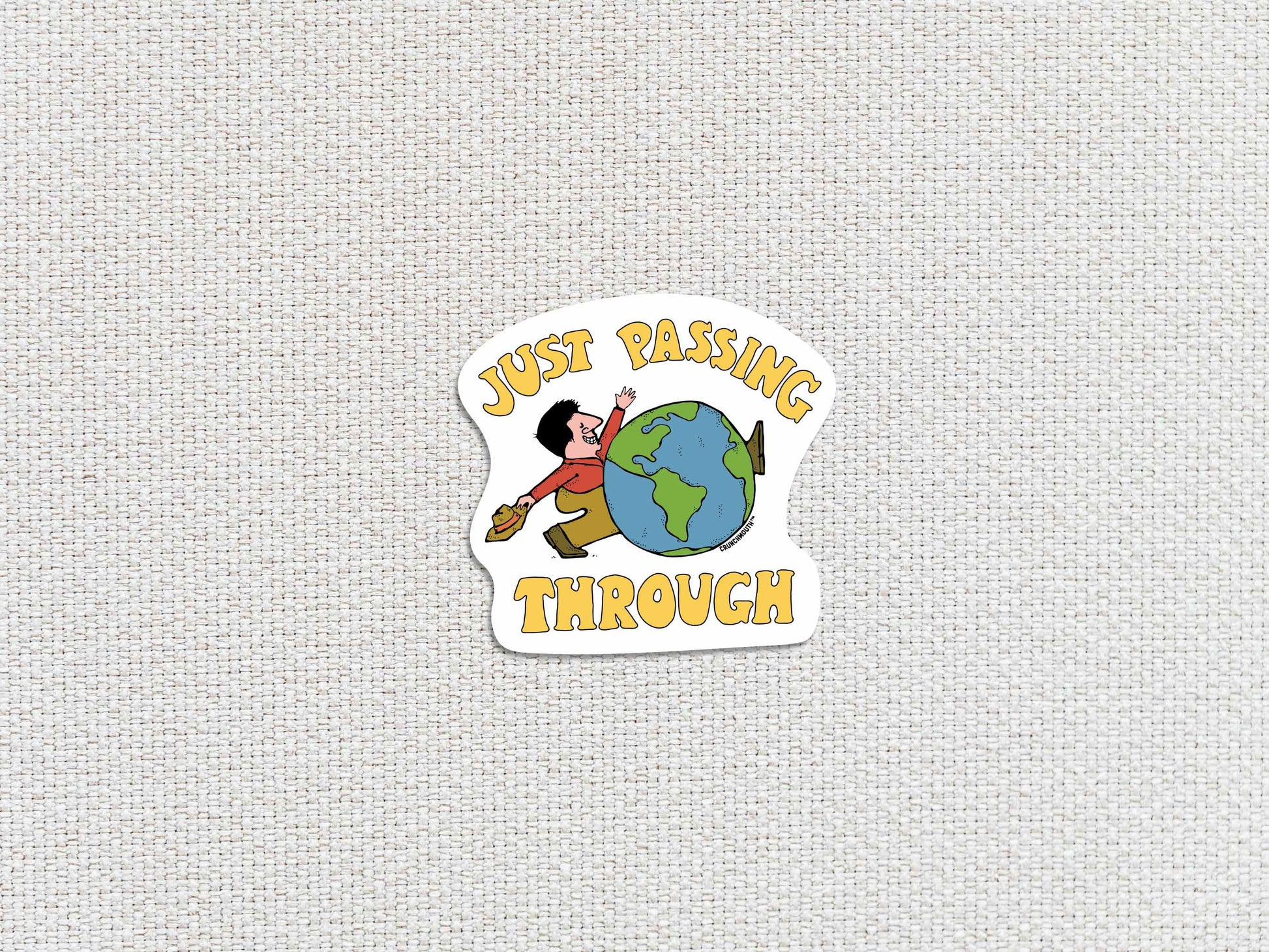 just passing through sticker, white textured background