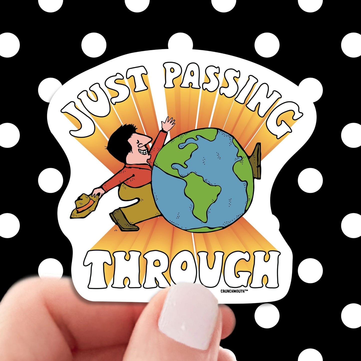 just passing through laptop sticker, hand display, polka dots pattern design background