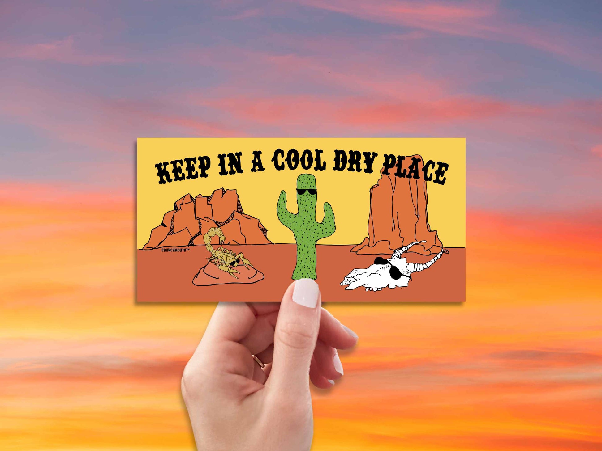 keep in a cool dry place bumper sticker, hand display, red sky background