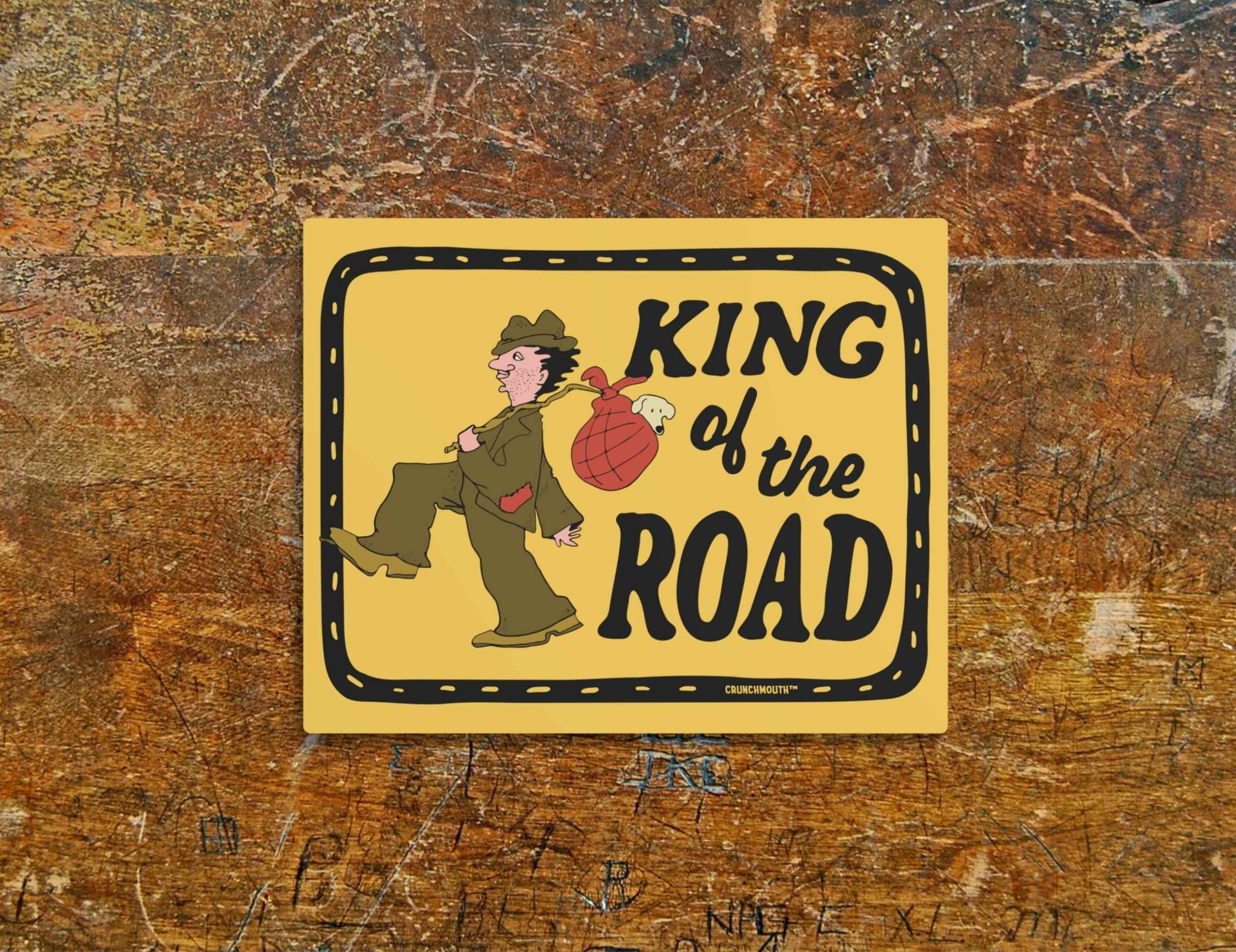 king of the road metal wall art sign, displayed on worn wood background