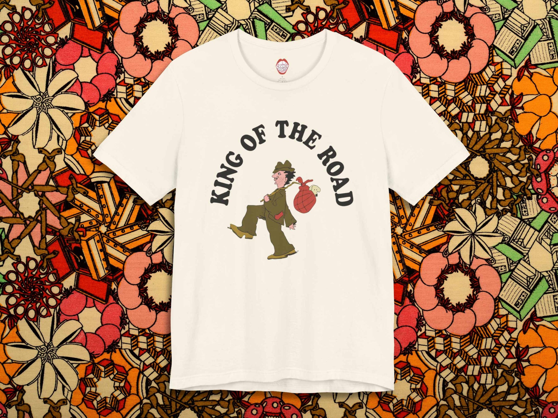 king of the road tshirt, front, 1960s floral pattern fabric background