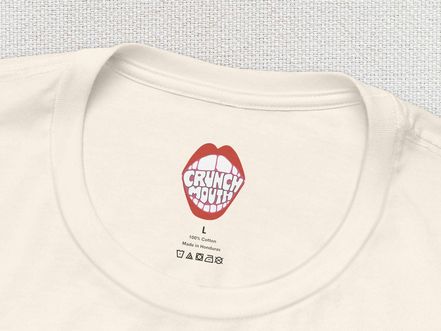 king of the road tshirt, inner neck label, white textured background