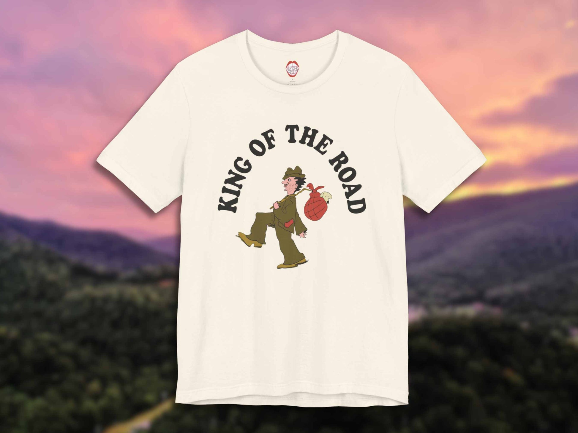 king of the road tshirt, front, sunset over mountains background
