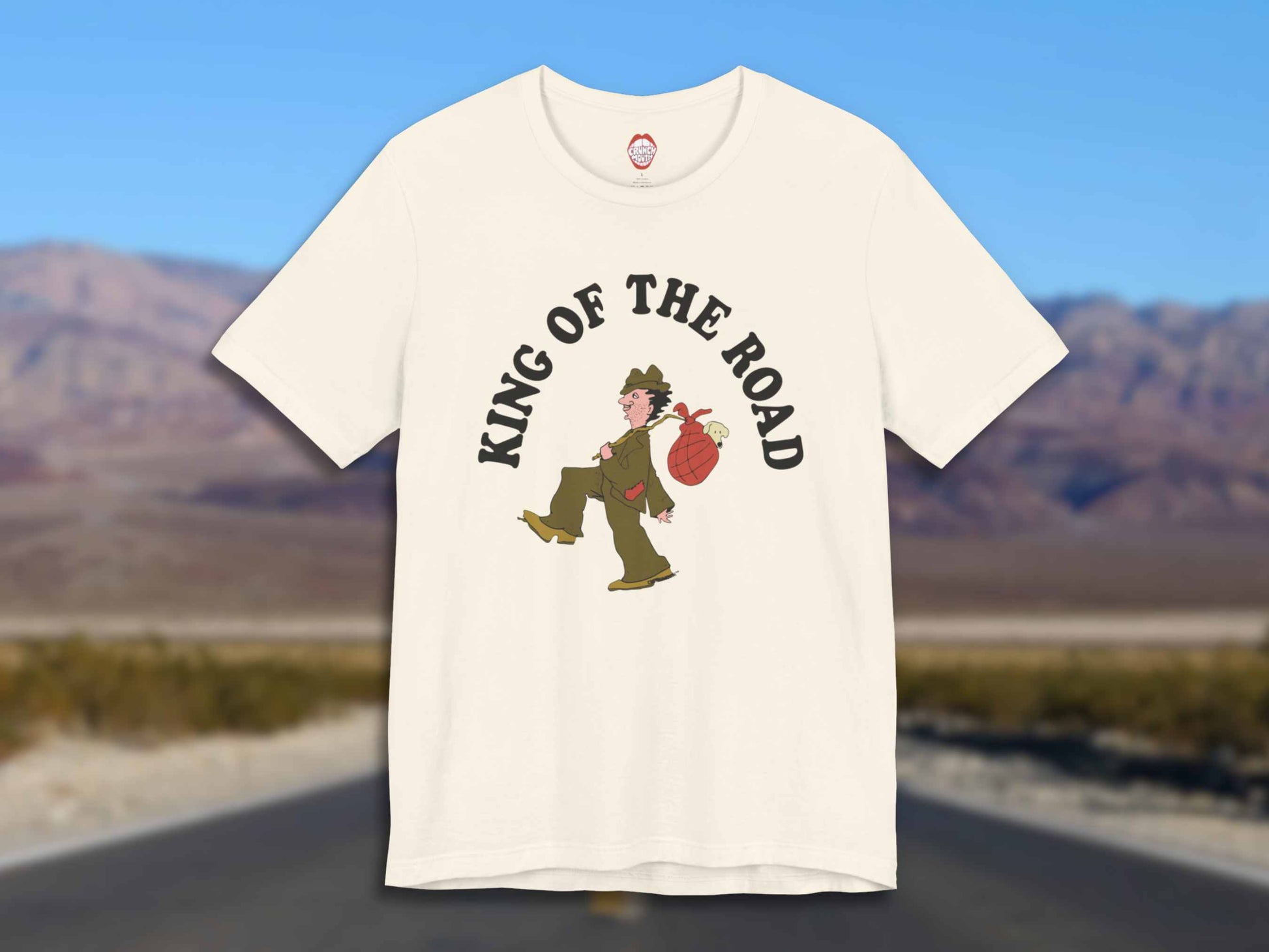 king of the road tshirt, front, highway background