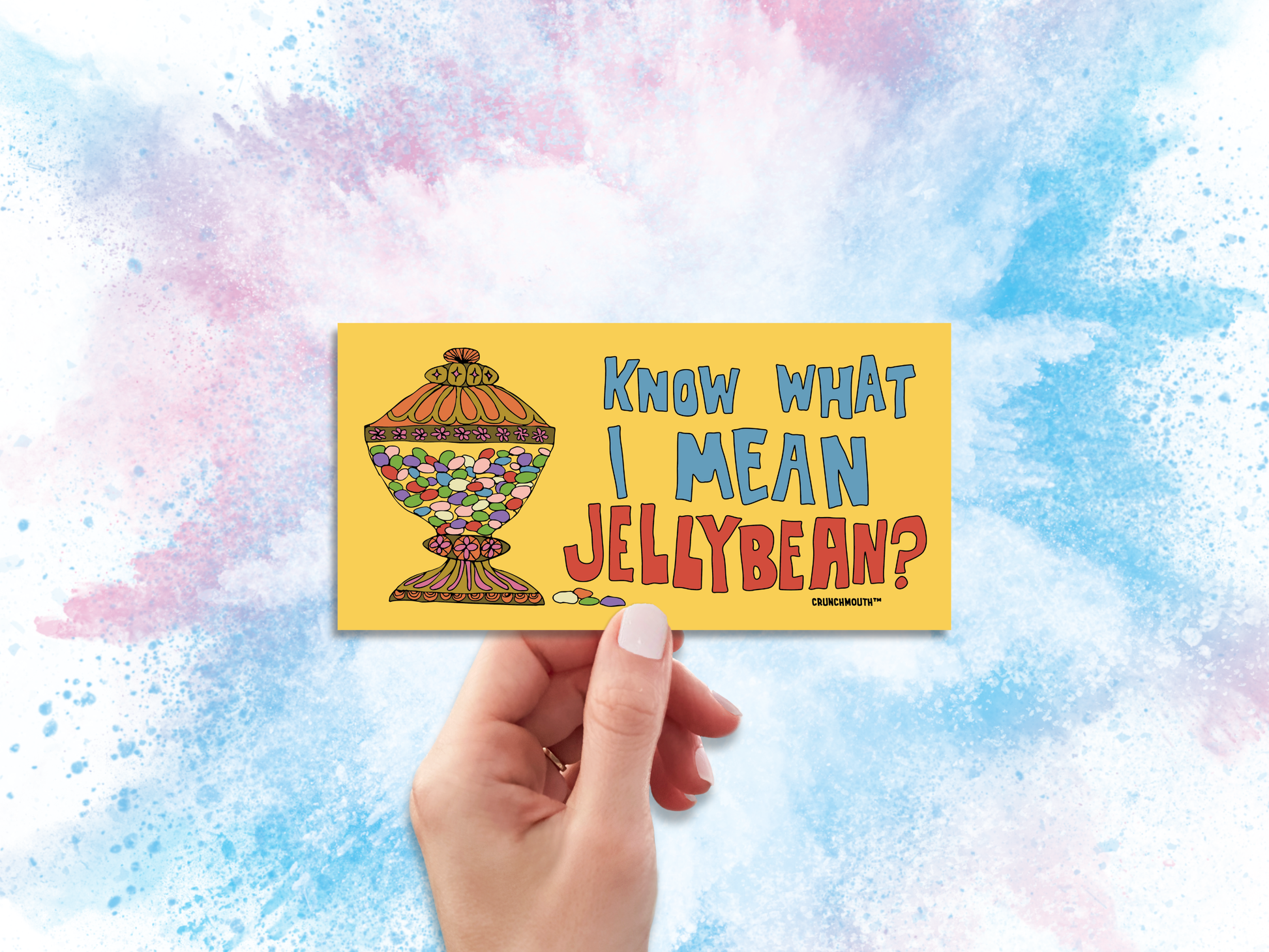 know what i mean jellybean bumper sticker, hand display, polka dots background