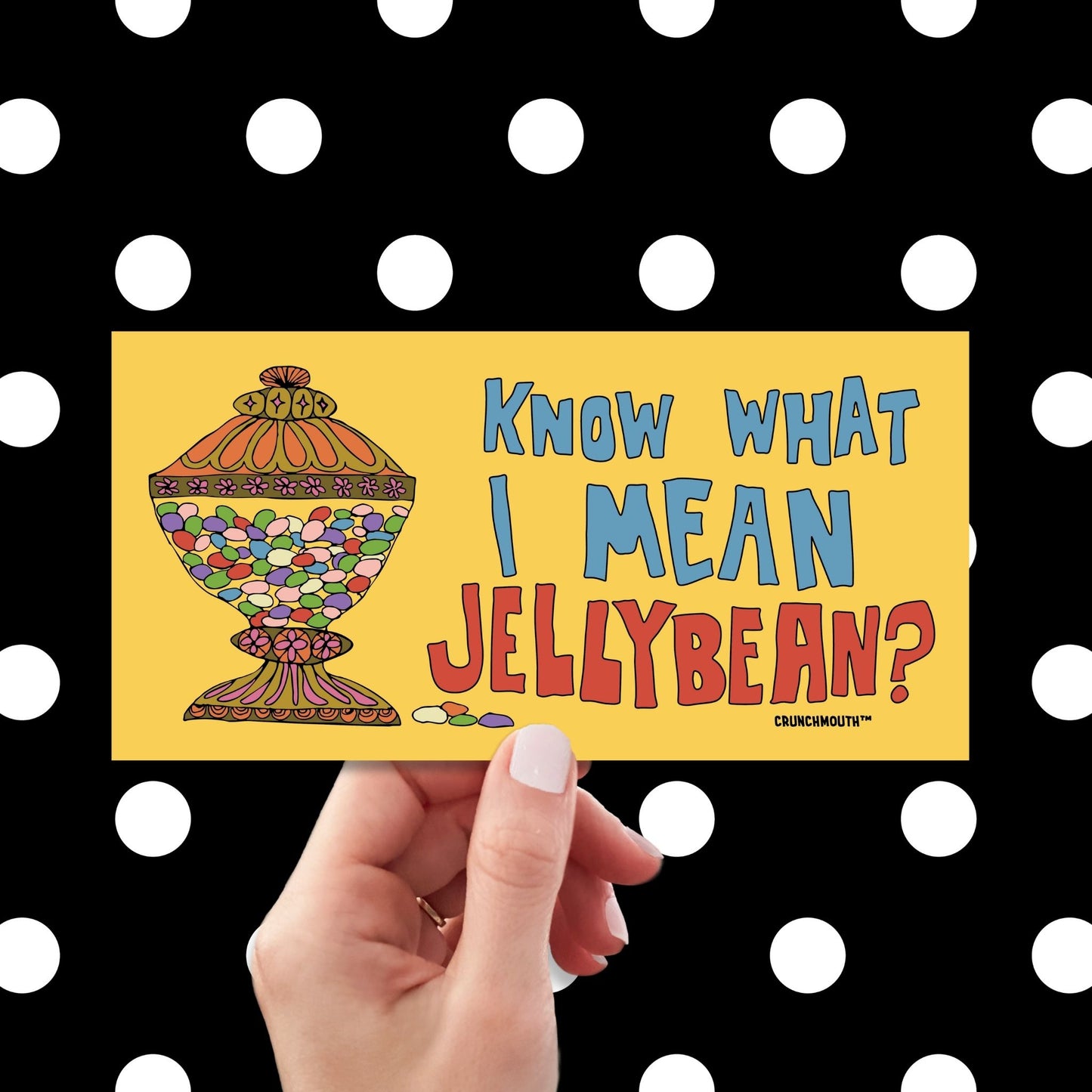 know what i mean jellybean bumper sticker, hand display, polka dots pattern design background