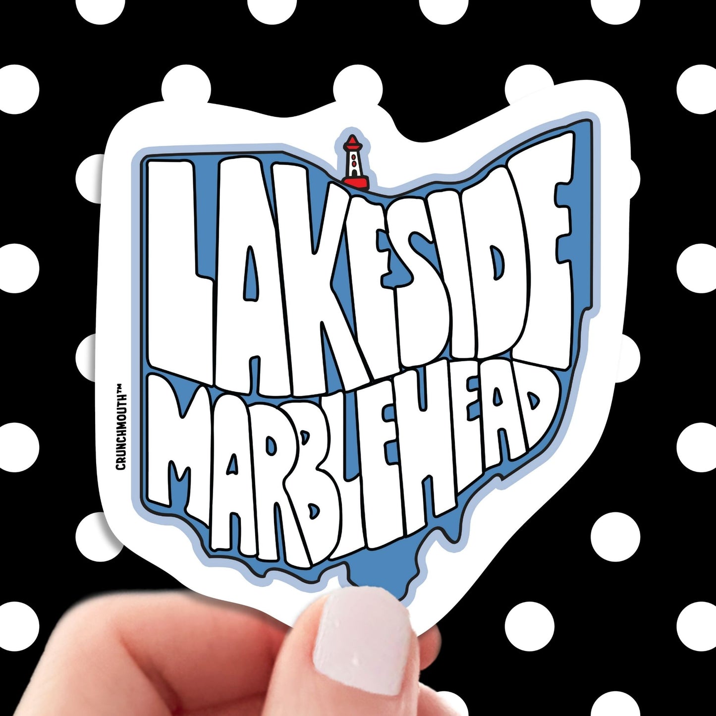 lakeside marblehead travel luggage sticker, hand display, polka dots pattern design background