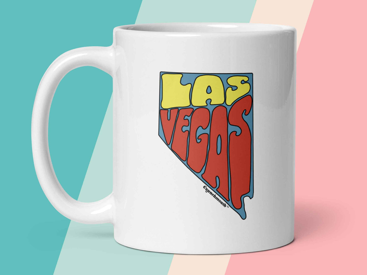 las vegas coffee mug, las vegas gifts, 11 oz, handle on left, pastel stripe background