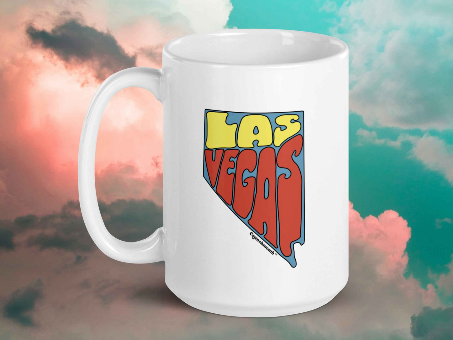 las vegas coffee mug, las vegas gifts, 15 oz, handle on left, cloud sky background