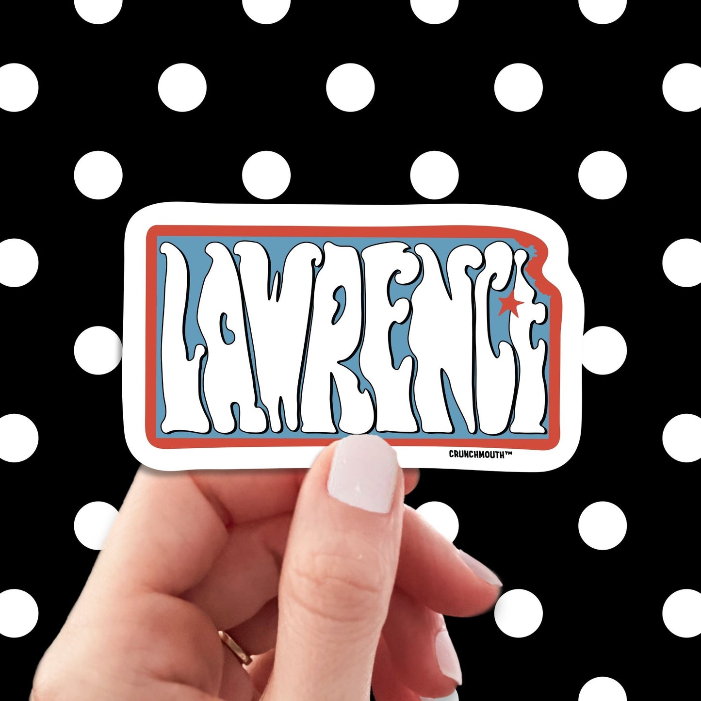 lawrence kansas travel luggage sticker, hand display, polka dots pattern design background