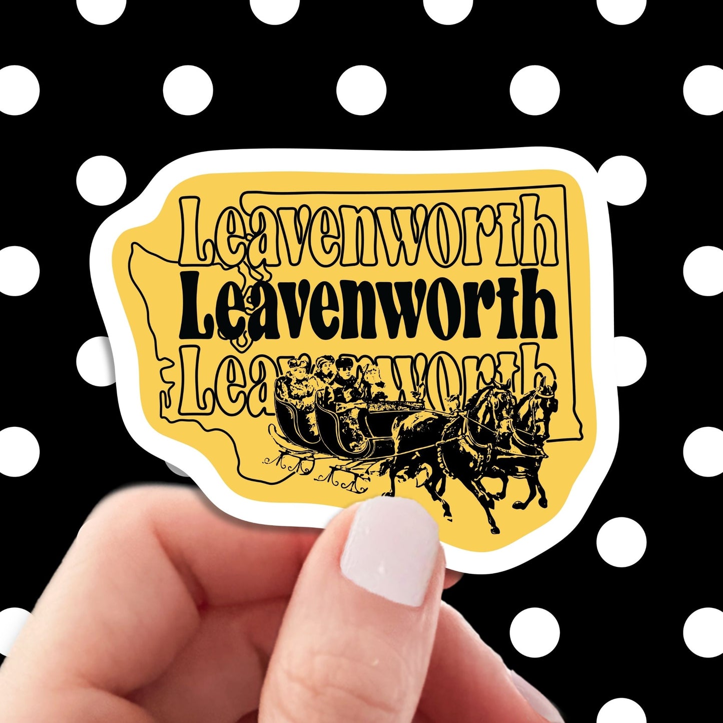 Leavenworth travel luggage sticker, hand display, polka dots pattern design background