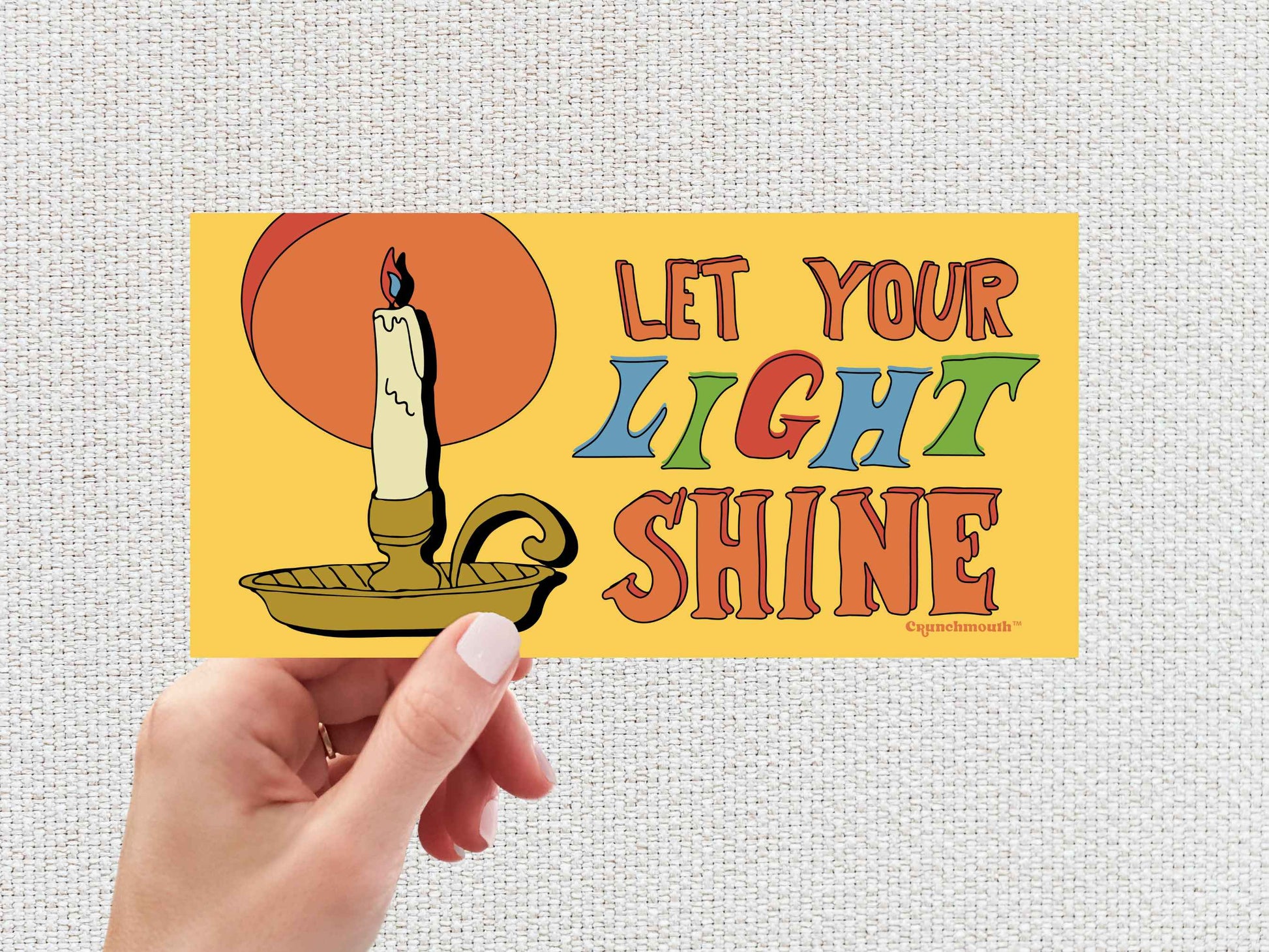 let your light shine, Christian bumper sticker, hand display, white textured background