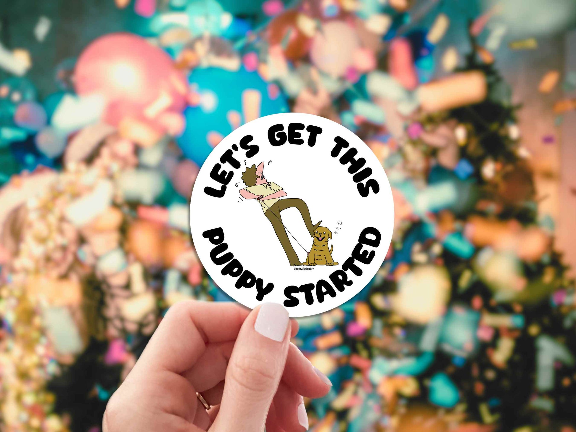 funny laptop stickers, man starting puppy like pull lawnmower, hand display, party atmosphere background