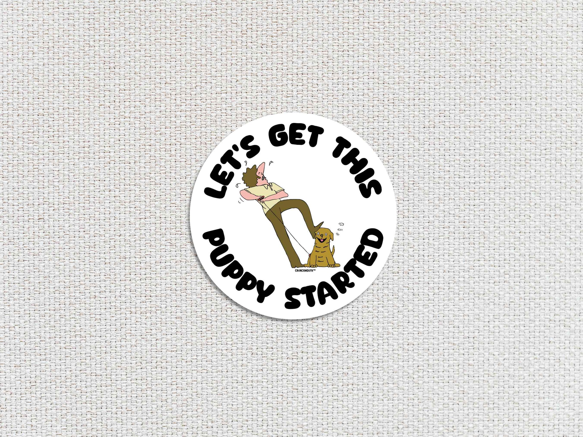 funny laptop stickers, man starting puppy like pull lawnmower, let's get this puppy started, white textured background