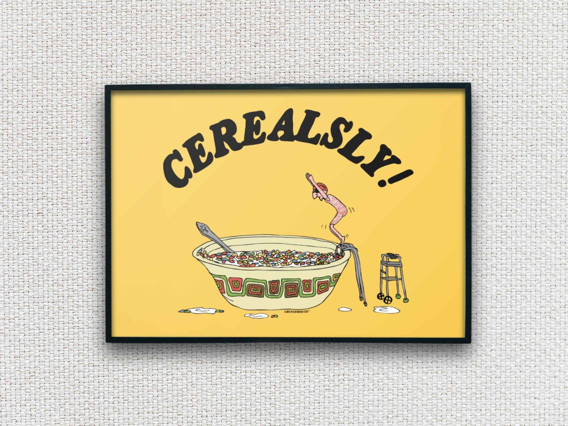 cerealsly retro wall art decor, elderly man diving into a bowl of fruity pebbles, flat, white textured background