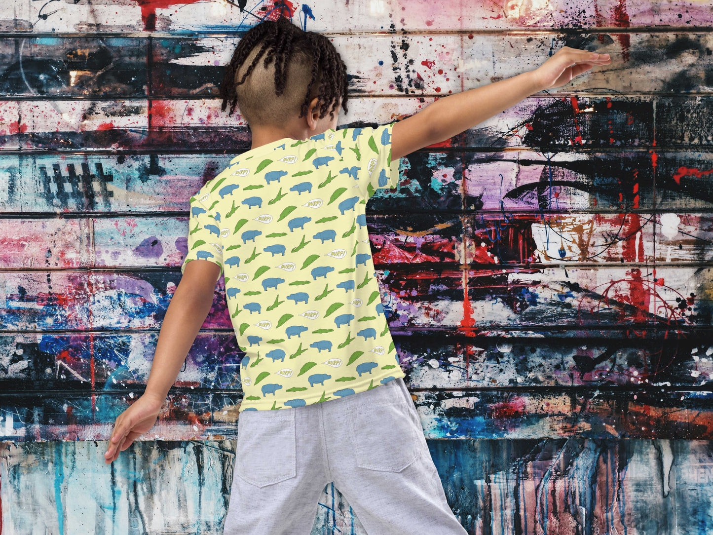 hippo gets swallowed by gator shirt, boy, back, graffiti background