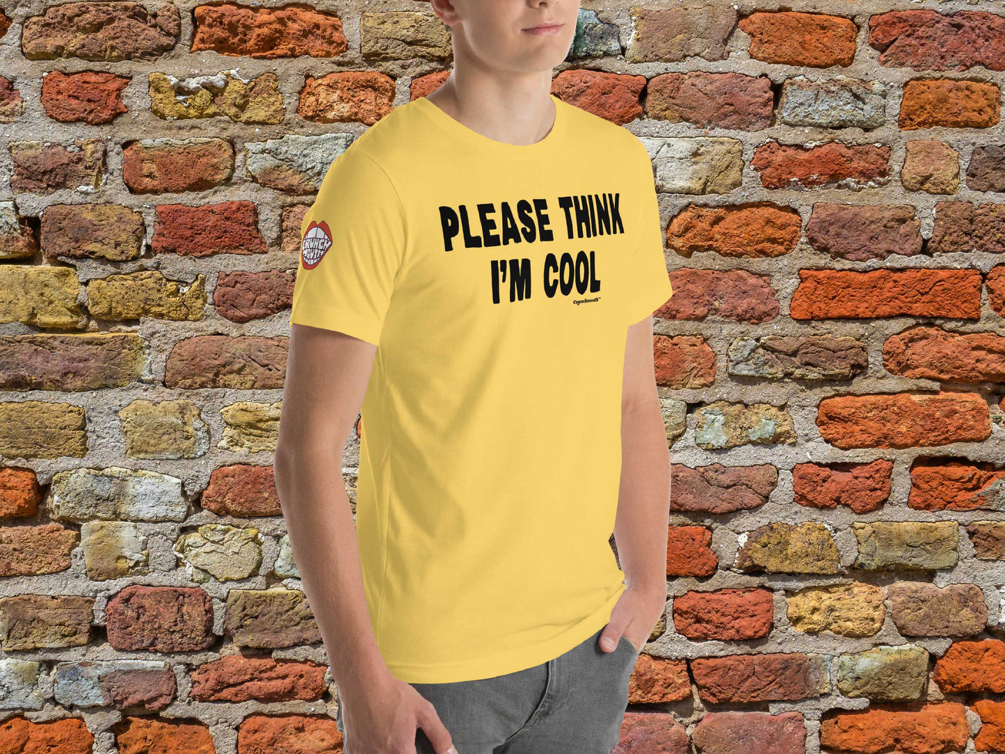 please think i'm cool tshirt, right front, male, brick wall background
