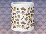 distracted squirrel coffee mug, 20oz, handle in back, geometric pattern background