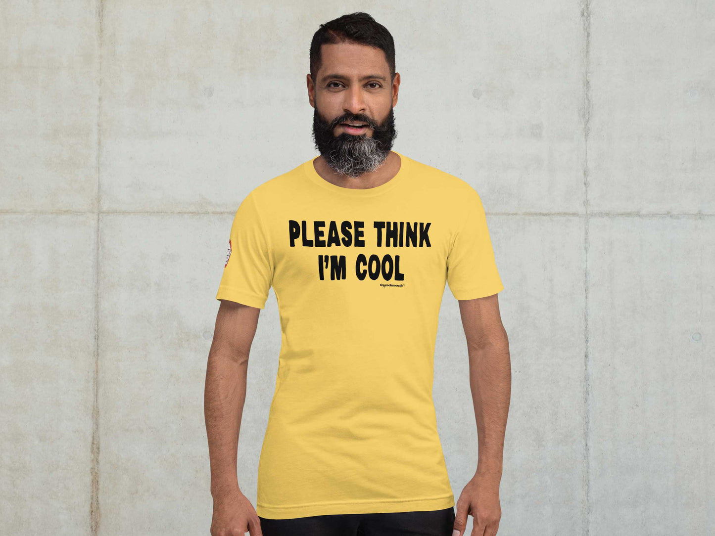 please think i'm cool graphic tee, front, male, white wall background