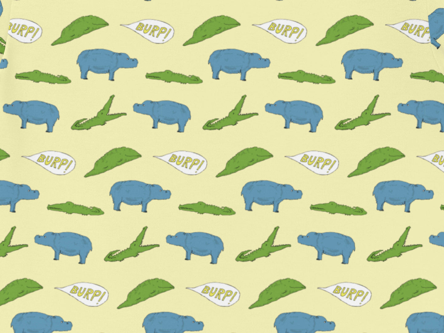 gator eating hippo crazy pattern shirt, closeup