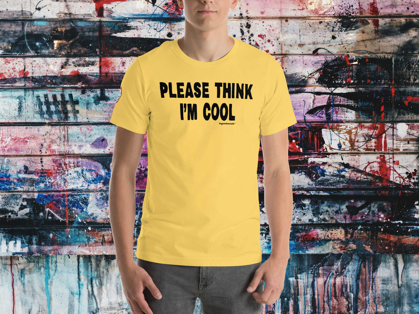 please think i'm cool t shirt, front, male, graffiti wall background