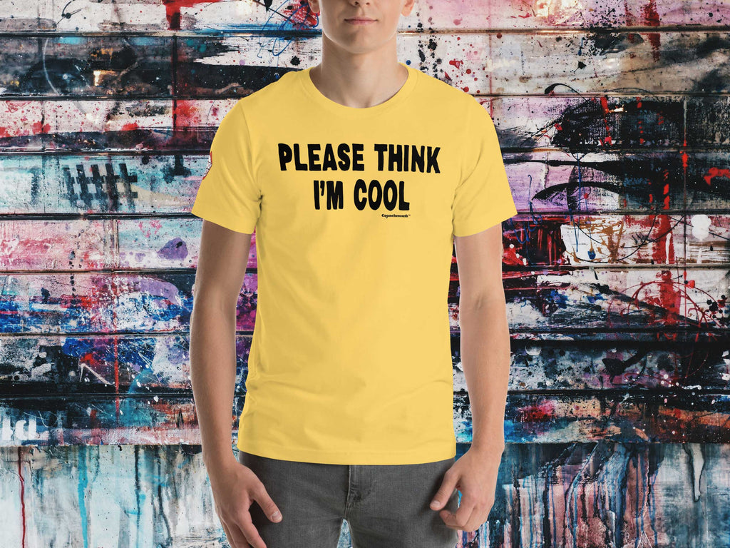 please think i&#39;m cool t shirt, front, male, graffiti wall background