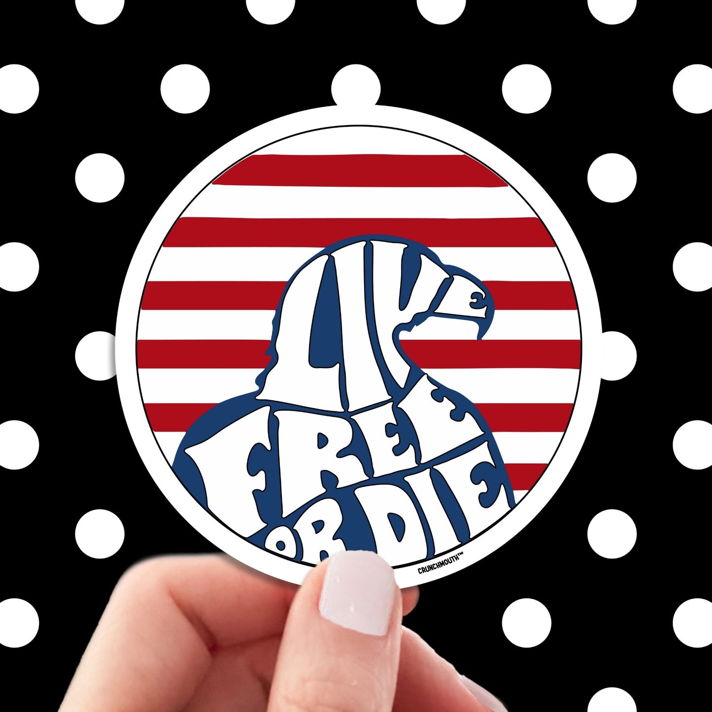 live free or die sticker, hand display, polka dots pattern design background