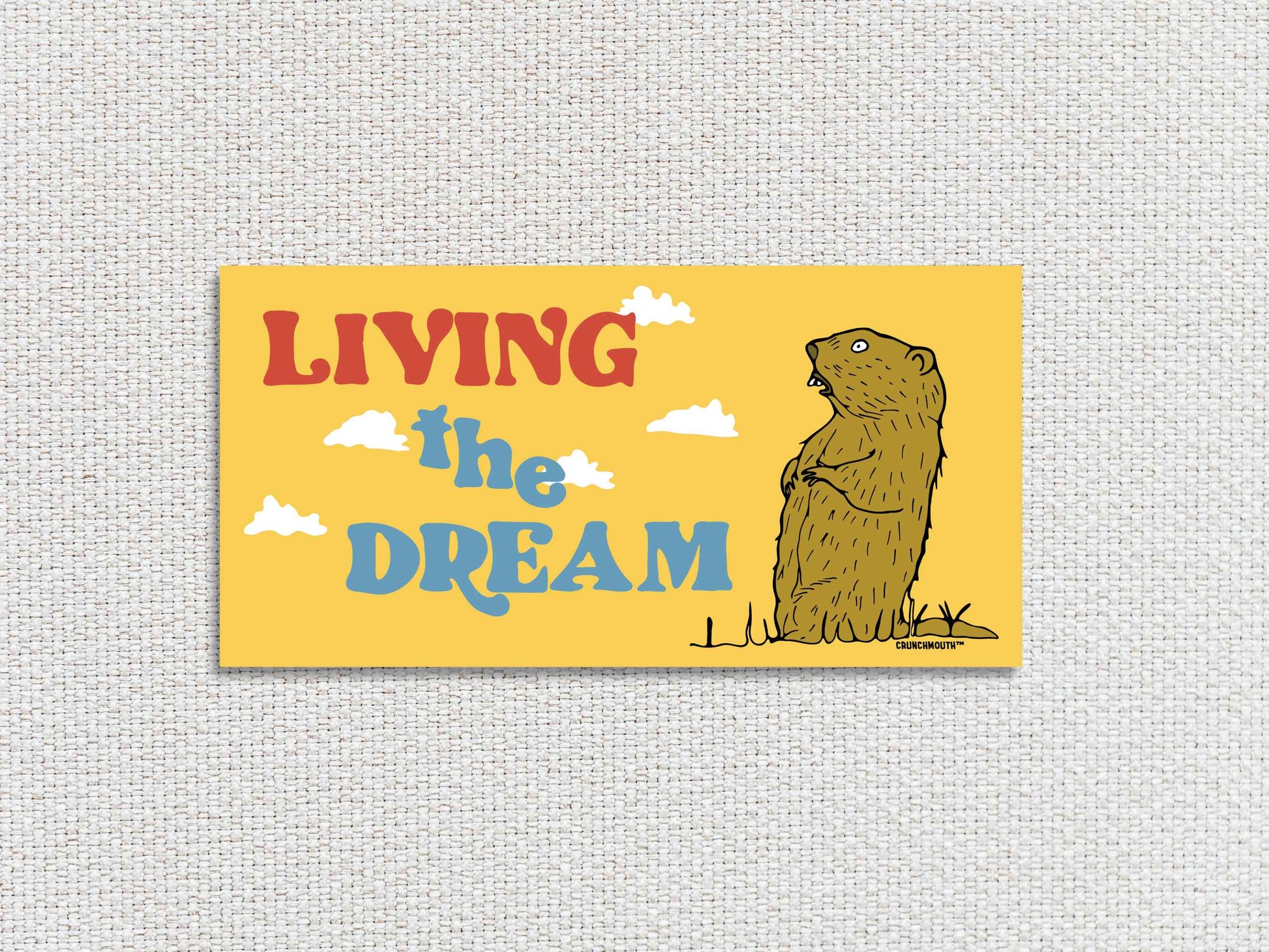 living the dream, funny groundhog bumper sticker, white textured background