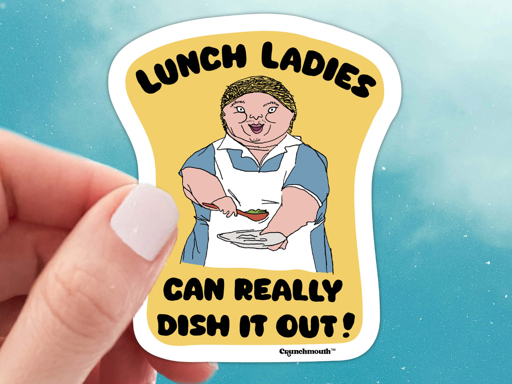 lunch lady funny sticker, held in hand, blue sky background
