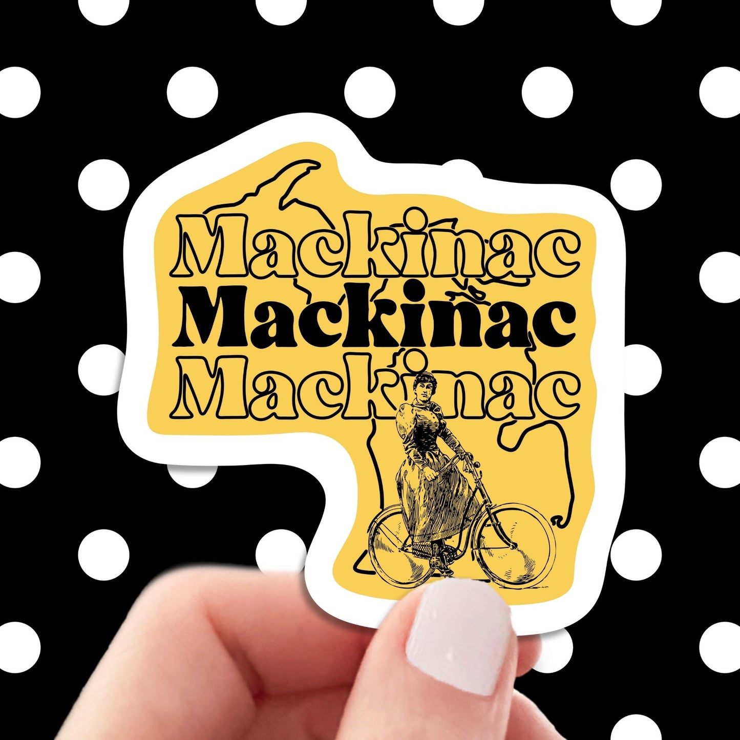 mackinac island Michigan travel luggage sticker, hand display, polka dots pattern design background