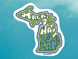 mackinac island mi waterproof vinyl sticker, blue sky background