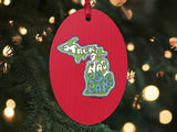 mackinac island michigan wooden Christmas ornament, back, Christmas tree background