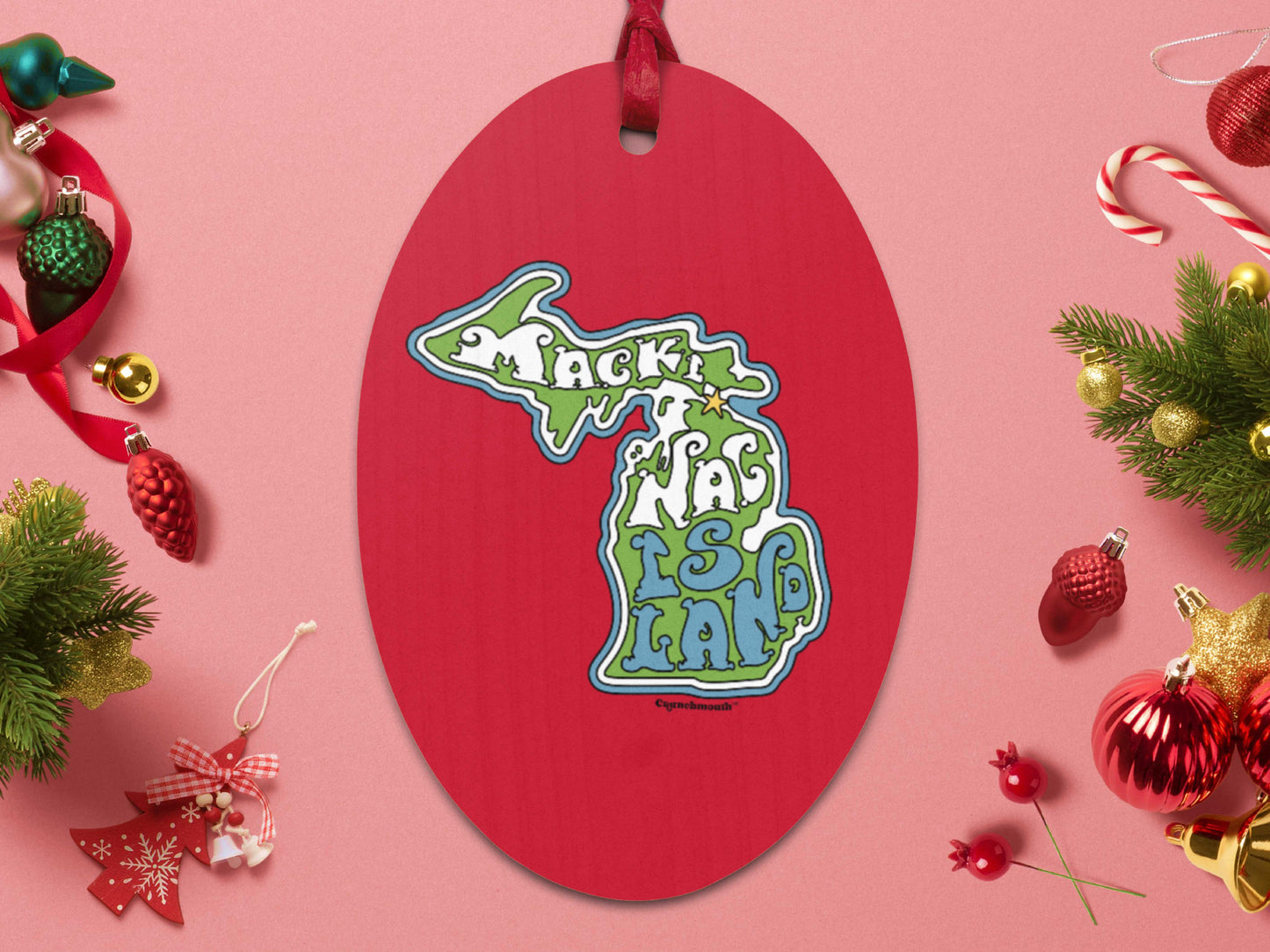 mackinac island wooden Christmas ornament, front, seasonal Christmas background
