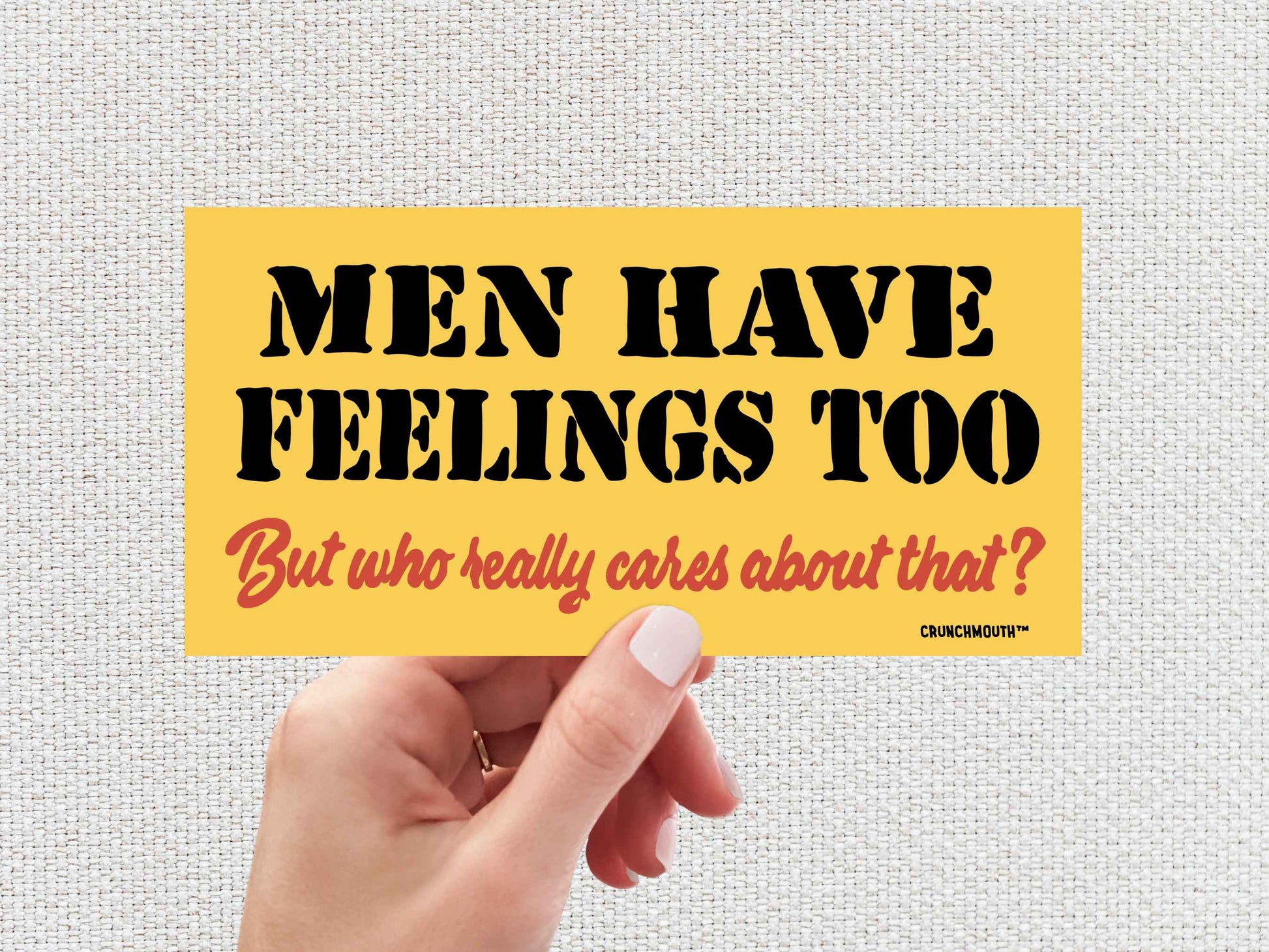 men have feelings too but who really cares about that funny bumper sticker, hand display, white textured background