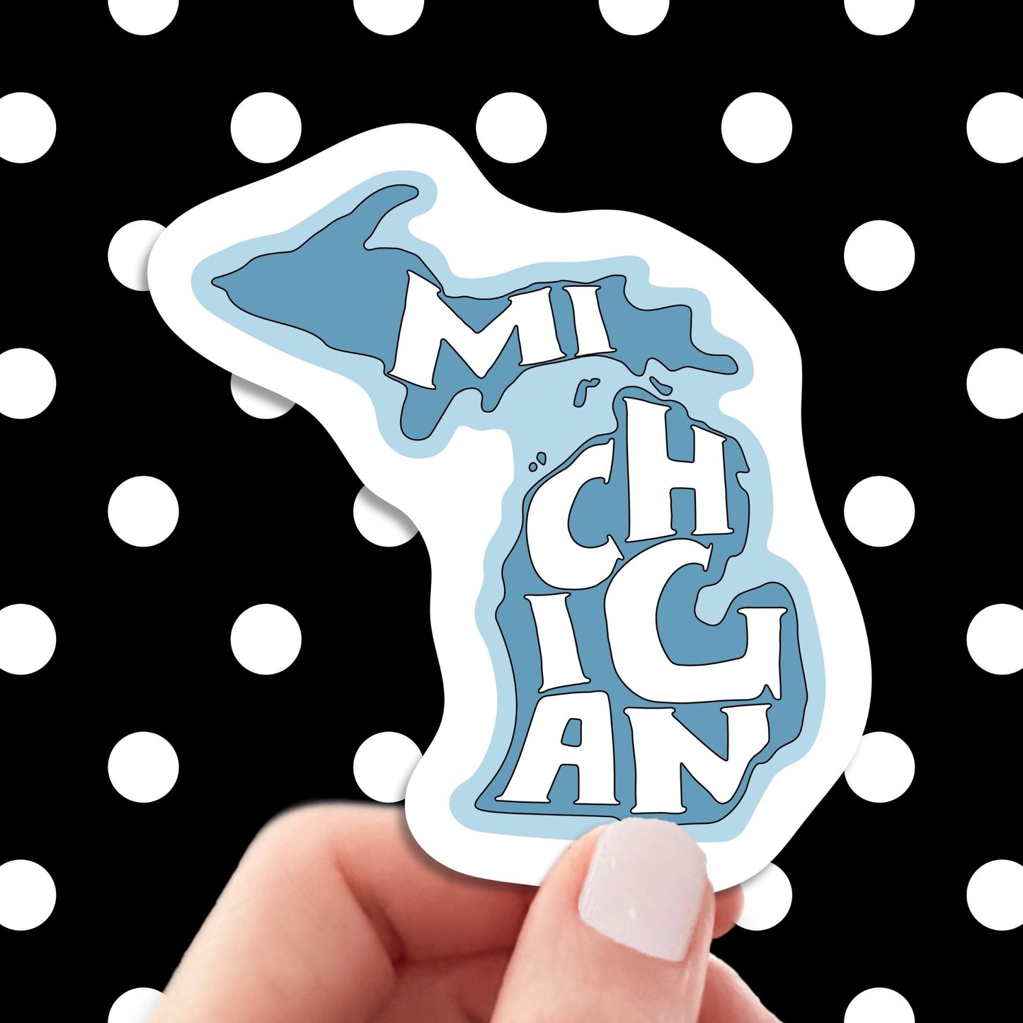 state of Michigan travel luggage sticker, hand display, polka dots pattern design background