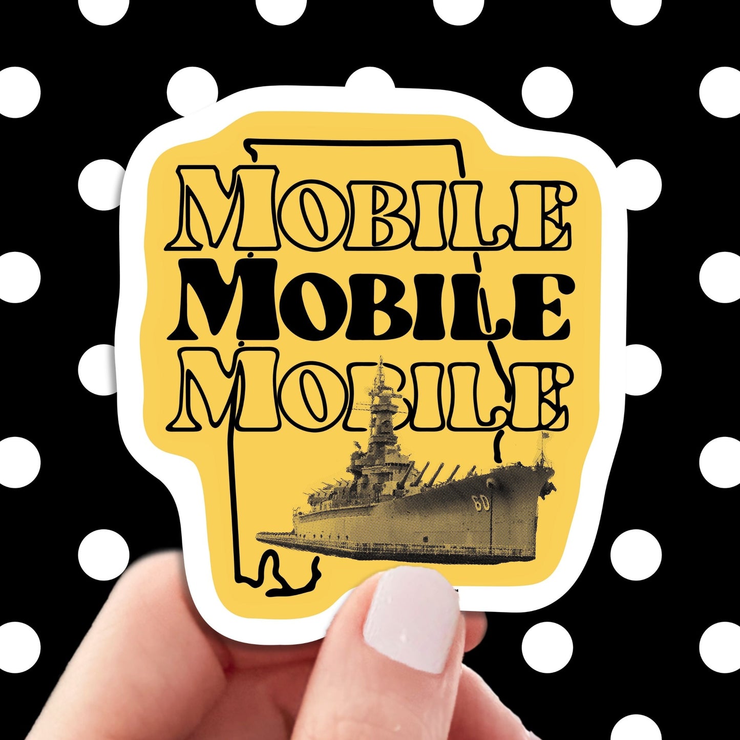 mobile alabama travel luggage sticker featuring uss alabama battleship, hand display, polka dots pattern design background