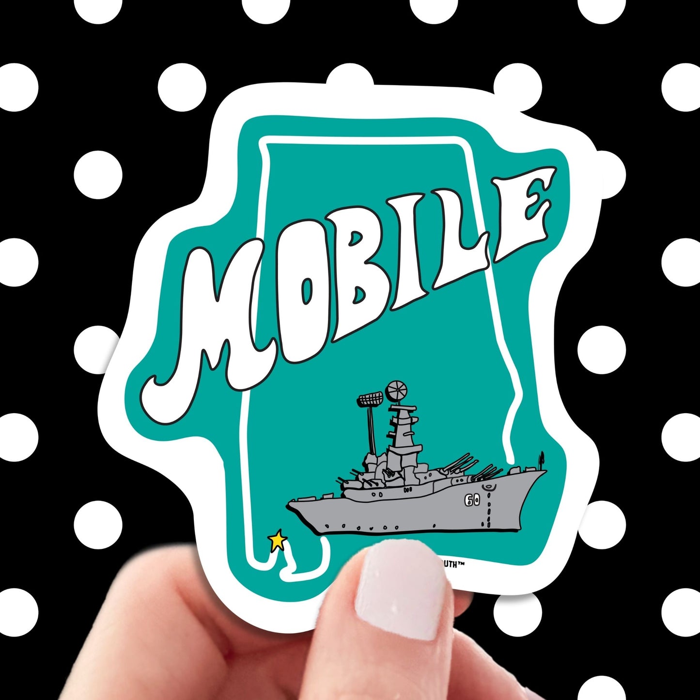 mobile alabama travel luggage sticker, hand display, polka dots pattern design background