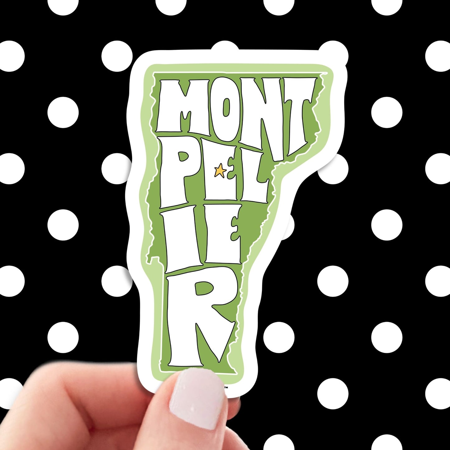 Montpelier Vermont travel luggage sticker, hand display, polka dots pattern design background