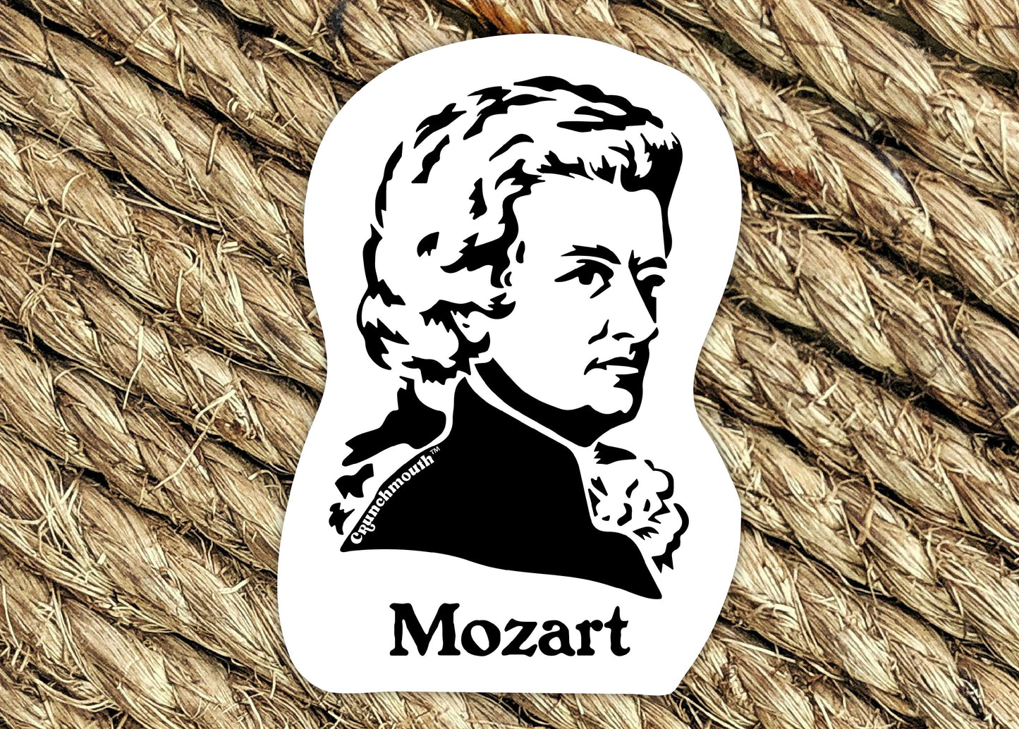 wolfgang amadeus mozart vinyl laptop sticker, woven rug background