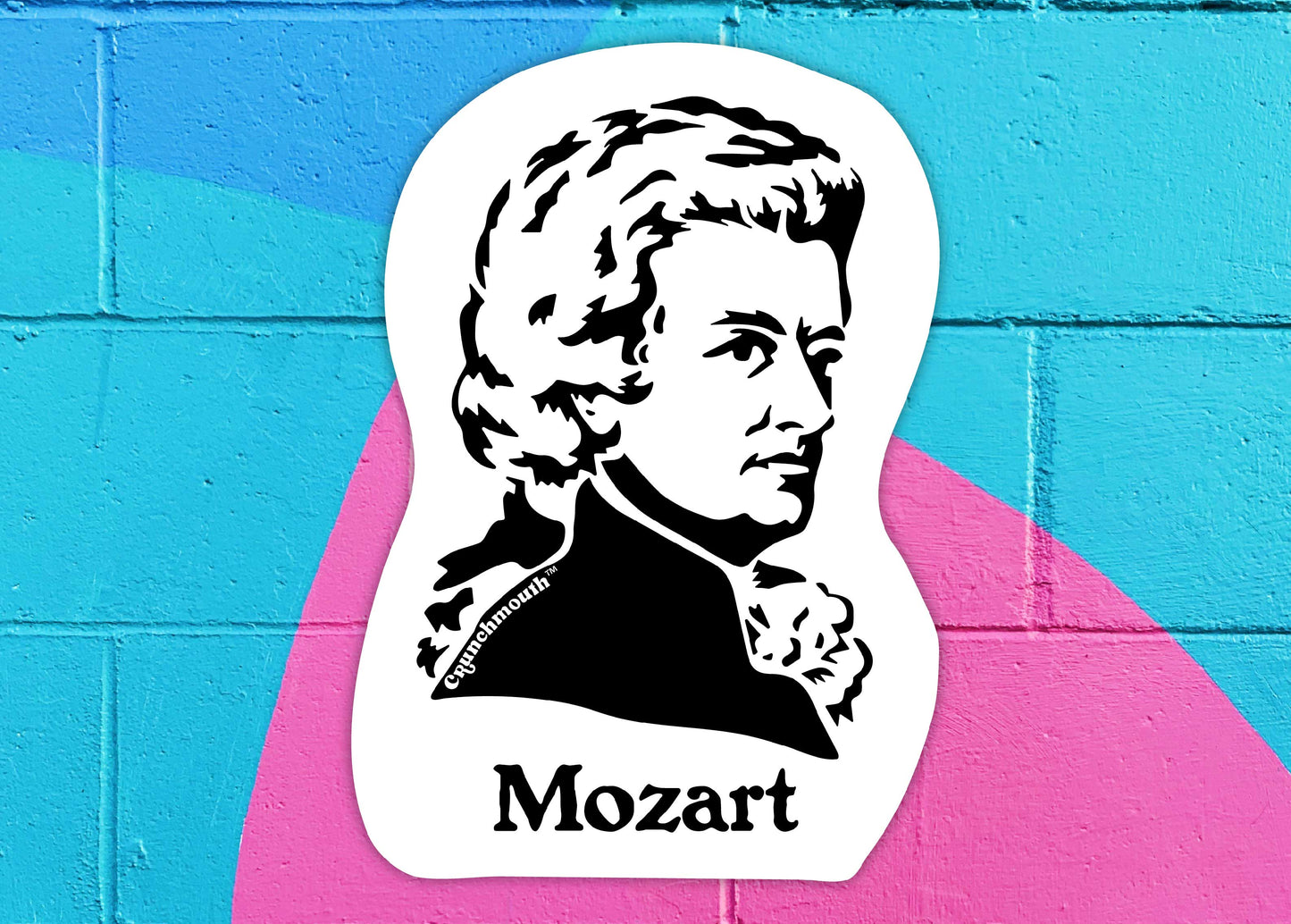 wolfgang amadeus mozart vinyl laptop sticker, colorful brick wall background