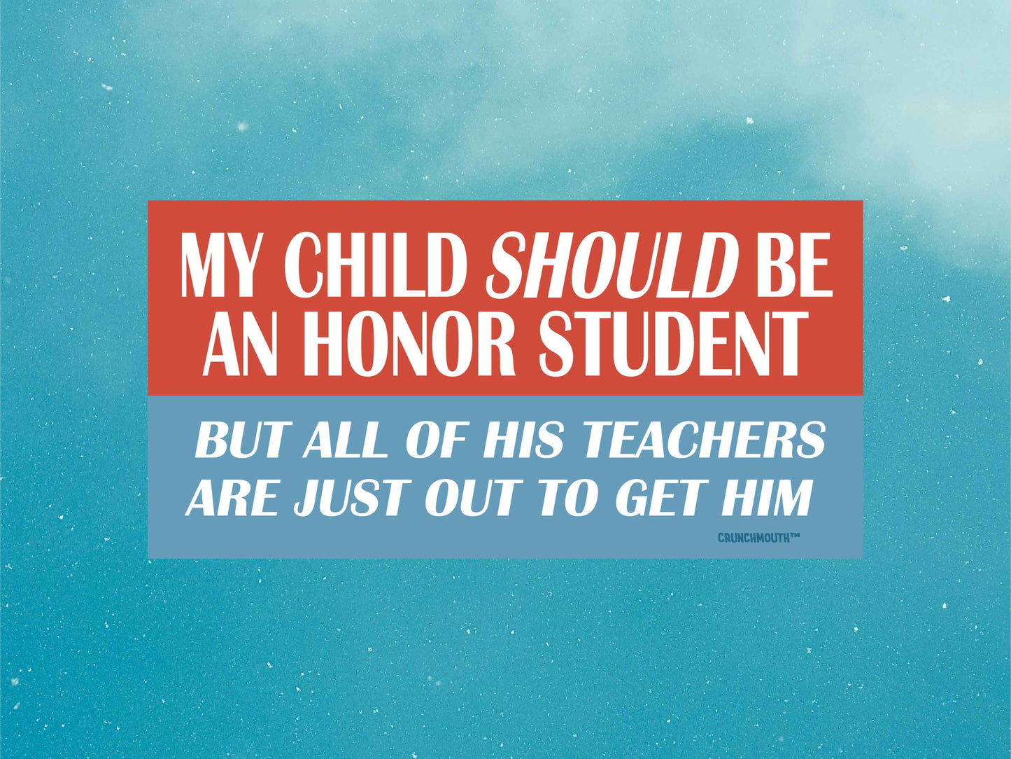 my child should be an honor student but all of his teachers are just out to get him bumper sticker, funny bumper stickers, blue sky background
