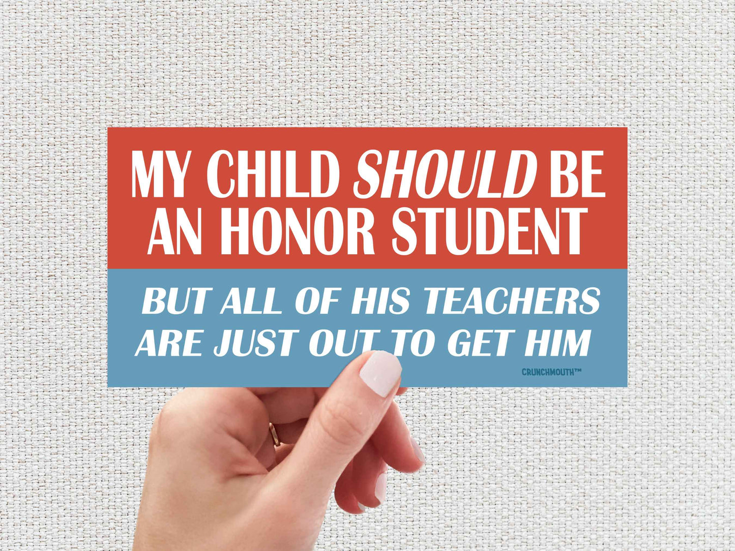 my child should be an honor student but all of his teachers are just out to get him bumper sticker, funny bumper stickers, hand display, white textured background