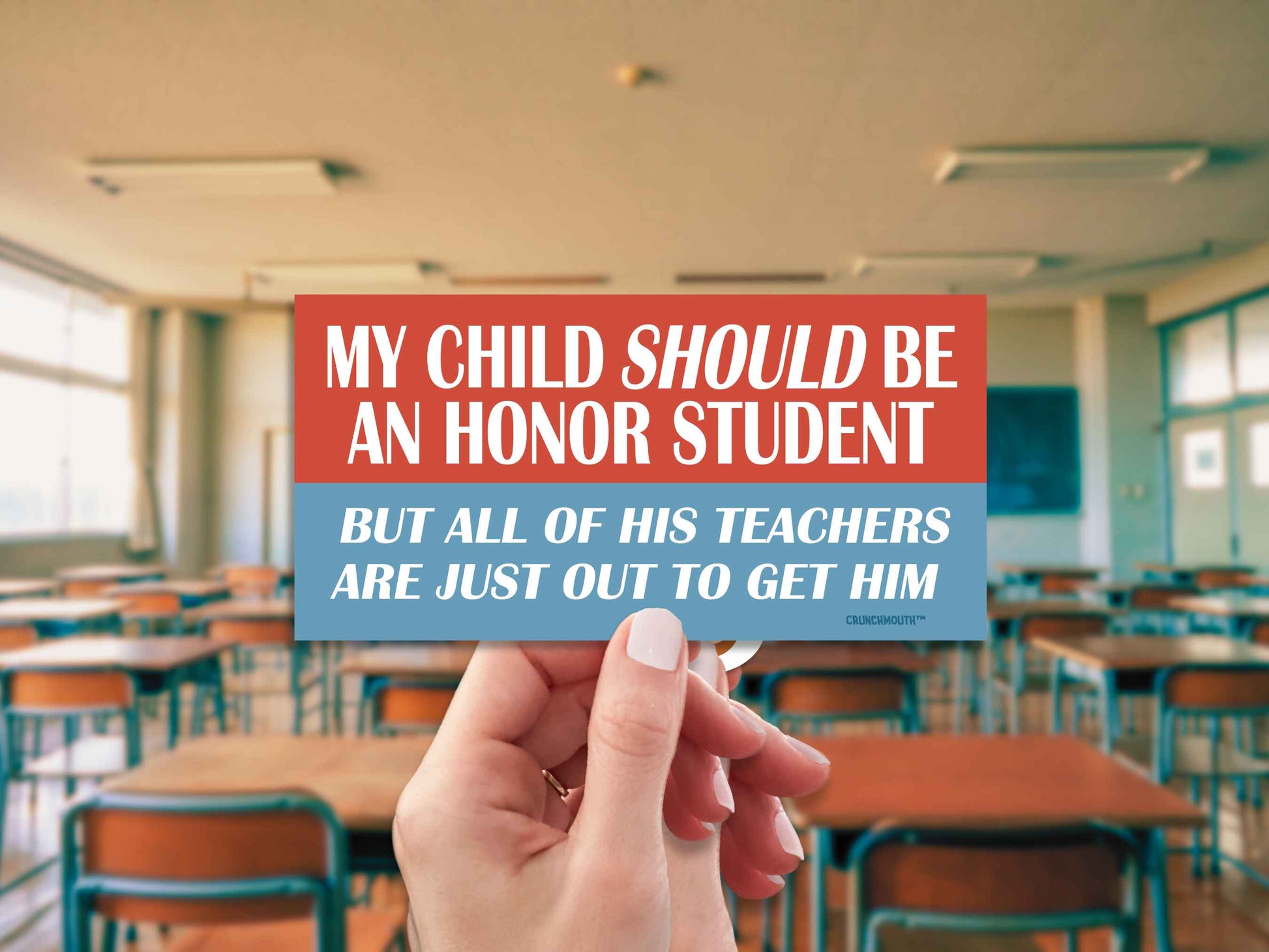 my child should be an honor student but all of his teachers are just out to get him bumper sticker, hand display, classroom background