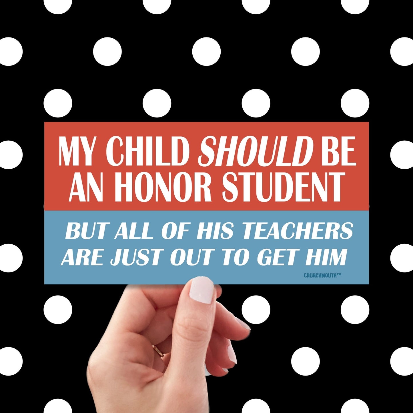 funny my child is on the honor roll bumper sticker, hand display, polka dots pattern design background