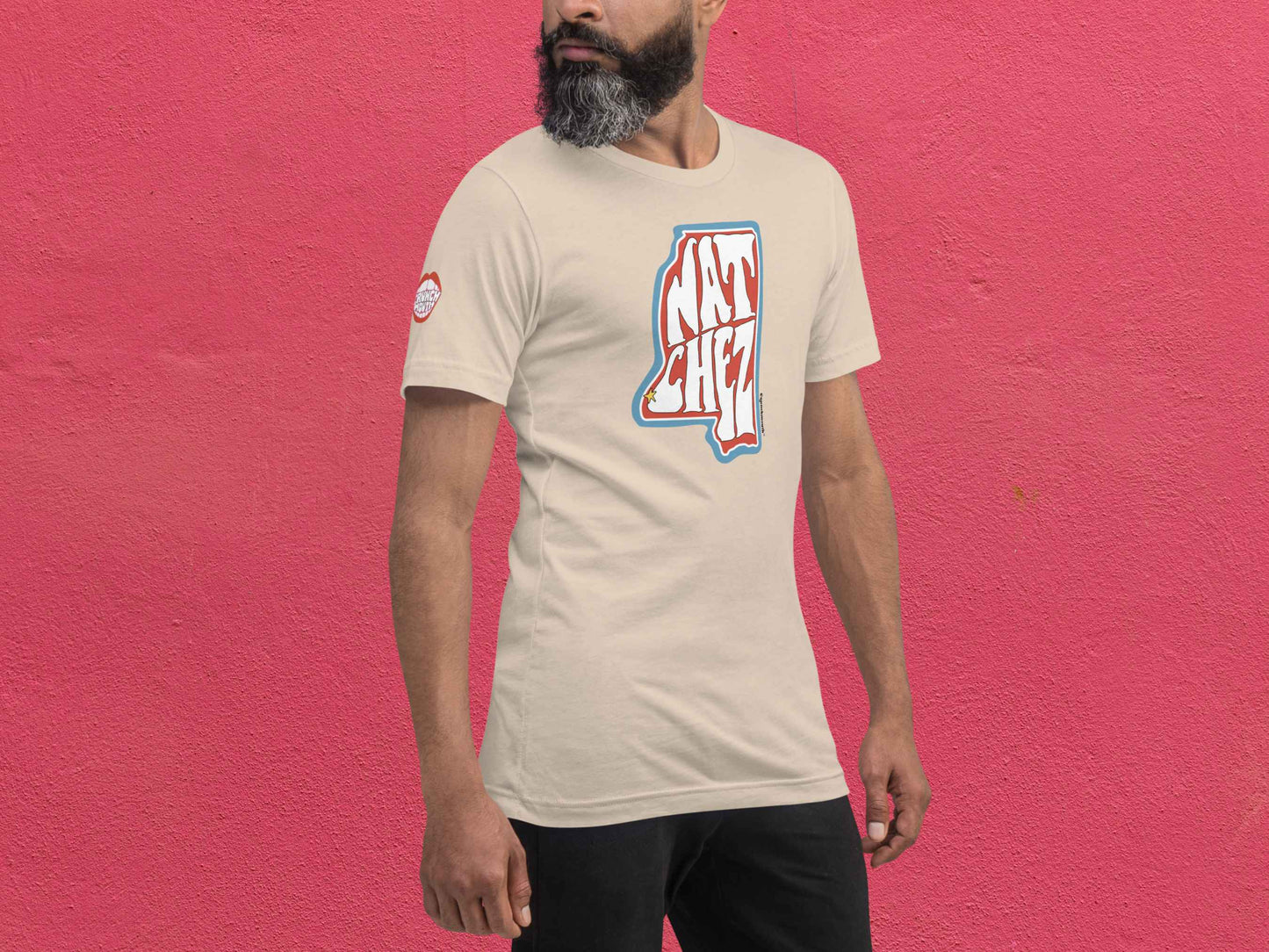 natchez shirt, natchez mississippi, souvenir t shirts, male model, front right, rose textured background
