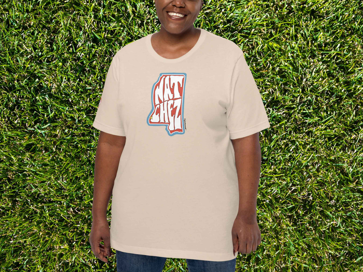 natchez shirt, natchez mississippi, souvenir t shirts, female model, front, green grass background